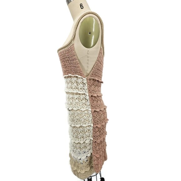 New Handmade Scalloped Cover Up Dress Womens M/L Cotton Rayon Pink Ivory Mini - Picture 5 of 5